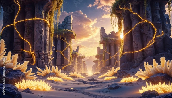 Fototapeta Ancient ruins at sunset serene fantasy landscape with glowing plants and columns