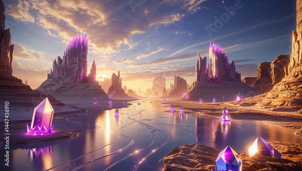 Fototapeta Crystal formations in desert landscape reflecting sunset colors with water reflection and stars