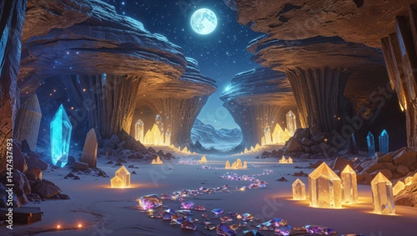 Fototapeta Enchanted crystal cave landscape with moonlit sky and sparkling gems
