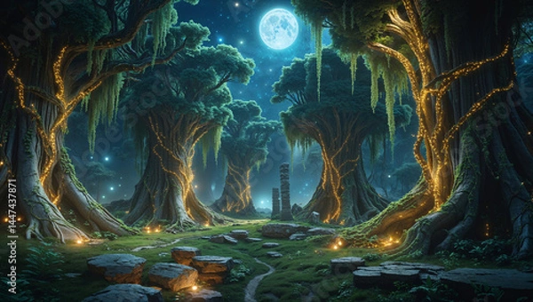 Fototapeta Enchanted forest illuminated by moonlight and fairy lights mystical nightscape