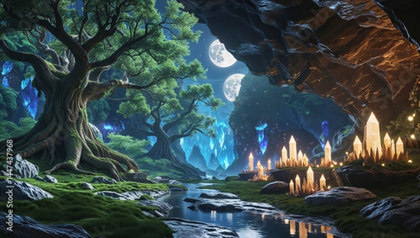 Fototapeta Enchanted forest landscape with crystal caves and two moons above a stream