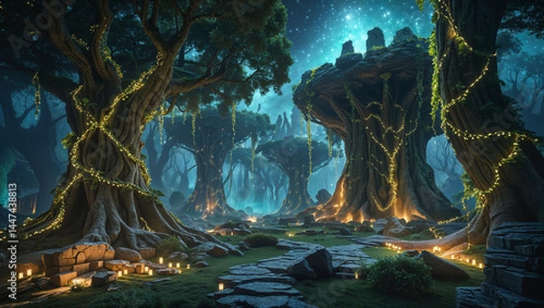 Fototapeta Enchanted forest path with glowing lights and starry night sky background