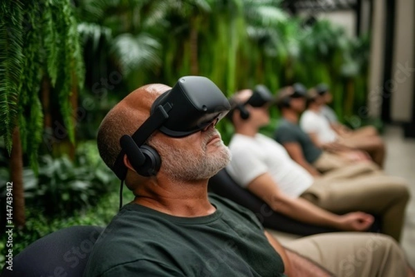 Fototapeta Men experiencing virtual reality in lush green environment