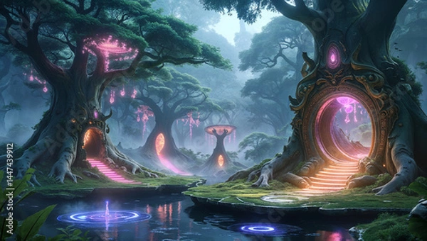 Fototapeta Enchanted forest with glowing trees and portals along a tranquil river