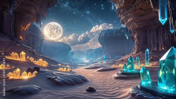Fototapeta Fantasy crystal landscape under full moon with desert canyon and starry sky