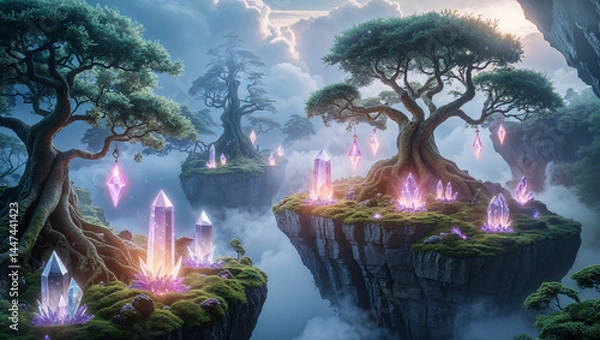 Fototapeta Floating islands with ancient trees and glowing crystals in misty sky
