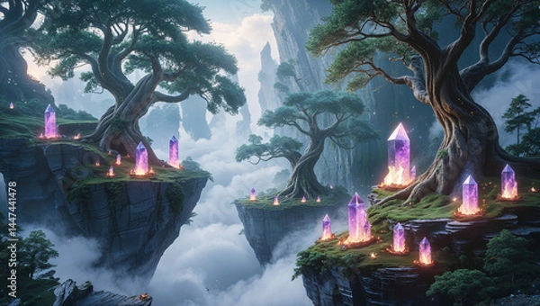 Fototapeta Floating islands with glowing crystals and ancient trees mystical landscape