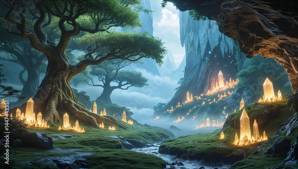 Fototapeta Mystical landscape with giant trees crystalline formations and flowing river