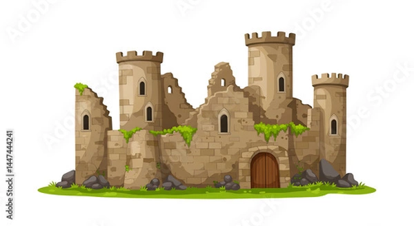 Fototapeta Ancient Stone Castle Ruins Illustration Medieval Fantasy Game Design Background old art aged myth brown green 