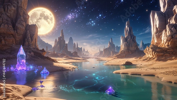 Fototapeta Surreal desert landscape with full moon and glowing crystals along a river