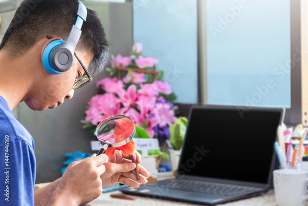 Fototapeta Asian schoolboy sitting near window and doing homework at home by learning various leaves and flowers by using magnifying glass and laptop, now he is learning about indian shot leaf and canna flower.