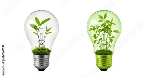 Fototapeta Two Light Bulbs Representing Green Energy with Leaves Inside on a White Background