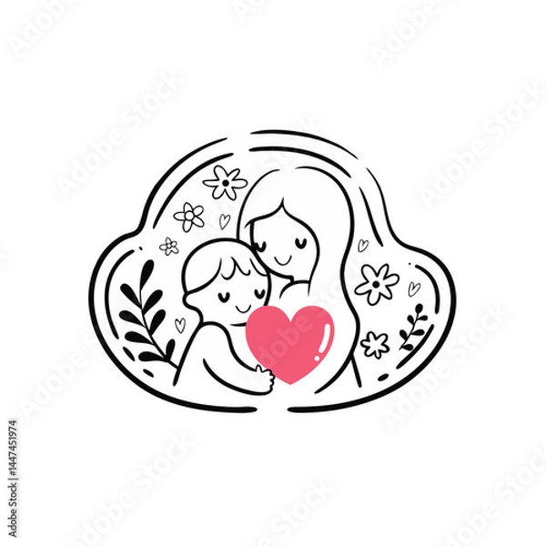 Fototapeta Mother hugging child, heart, flower, Mother day Vector 