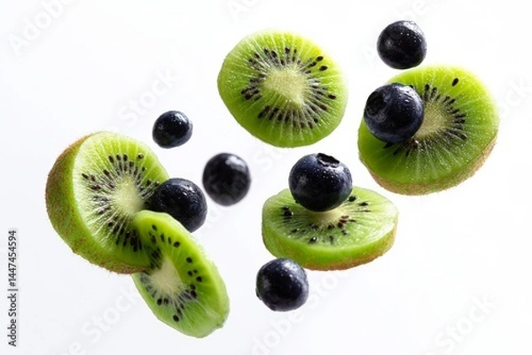 Fototapeta Sliced kiwis and blueberries floating in the air, isolated on white background 