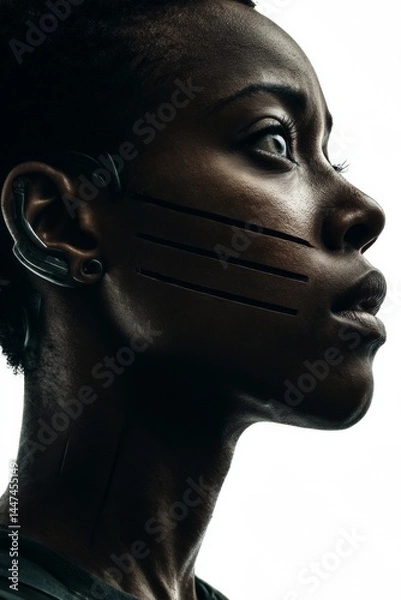Fototapeta Low-angle dystopian portrait of a 20-year-old black woman, three parallel scars on her cheek