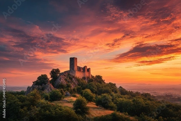 Fototapeta Majestic landscape with a large medieval castle, dominating the background, surrounded by lush greenery, under a vivid sunset sky