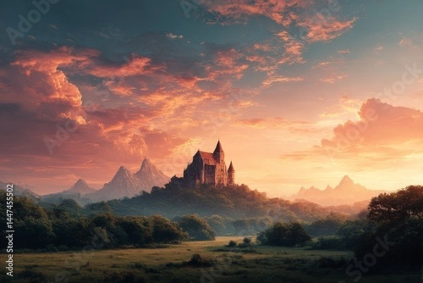 Fototapeta Majestic landscape with a large medieval castle, dominating the background, surrounded by lush greenery, under a vivid sunset sky