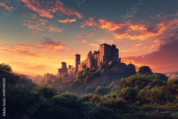 Fototapeta Majestic landscape with a large medieval castle, dominating the background, surrounded by lush greenery, under a vivid sunset sky