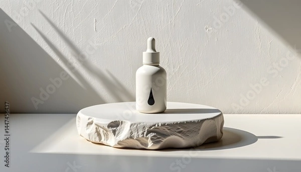 Obraz Ceramic dropper bottle on soft stone platform, minimalist bright setup.