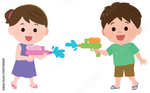 Obraz 水鉄砲で遊ぶ男の子と女の子　イラスト