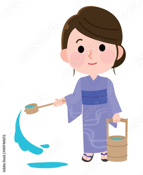 Obraz 打ち水をする浴衣の女性　イラスト