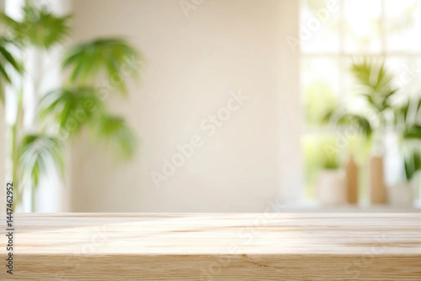 Fototapeta Wooden table top in bright, airy space with plants and natural light in the background