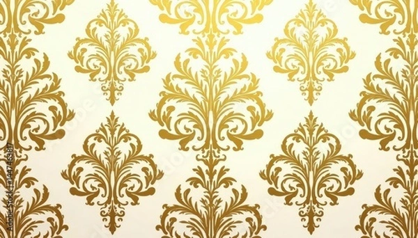Fototapeta Intricate floral damask wallpaper, elegant gold on cream, scroll, seamless