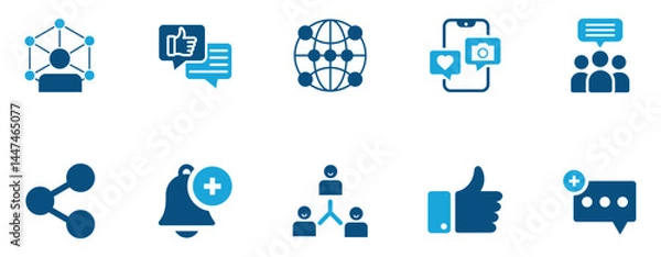 Obraz Social Media Interaction Icon Set  Flat icons for sharing, likes, comments, notifications, global network, and messaging. Ideal for app UI and digital marketing use.