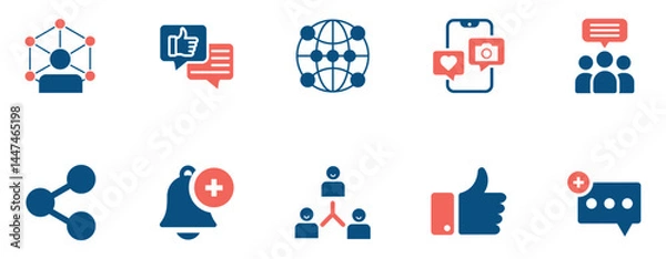 Obraz Social Media Communication Icon Set  Flat icons representing likes, sharing, messaging, networking, and alerts. Perfect for digital marketing and mobile apps.