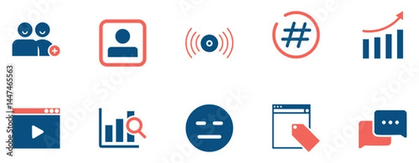 Fototapeta Social Media and Digital Communication Icon Set.A modern flat icon set depicting social media growth, digital marketing, online communication, analytics, and user interaction tools for web and app  