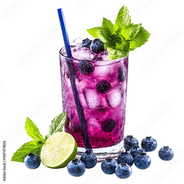 Fototapeta A refreshing red strawberry cocktail with mint and ice in a glass offers a sweet and cold summer beverage