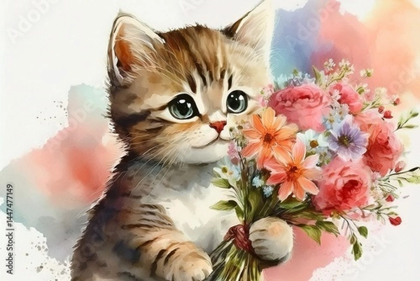 Obraz 花束を持った子猫のギフトカード用素材　水彩風