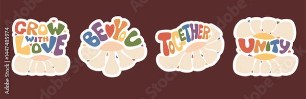 Fototapeta Retro Groovy LGBT Lettering in Rainbow colors Flag Set. Isolated Vector stickers Calligraphy quote with Daisy Flower Power. LGBTQ community. Gender equality and diversity relationships. Pride month