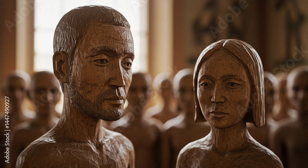 Fototapeta Close-up of Detailed Wooden Man and Woman Carved Figures with Crowd in Background, Folk Art Portrait Sculptures, Traditional Handcrafted Couple, Artisanal Wooden Craftsmanship in Warm Light