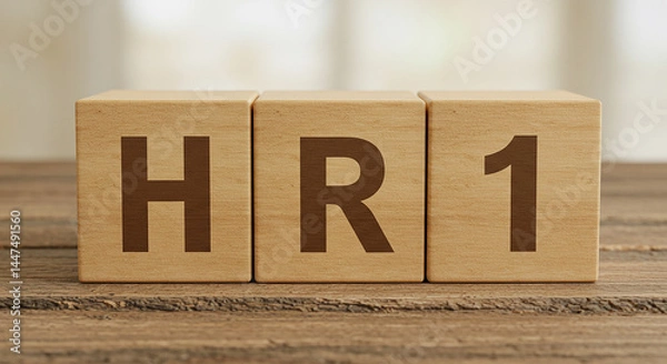 Fototapeta Block Letters HR1 Spelling Human Resources Priority One, Recruitment and Employee Management Concept, Corporate Business Wooden Cubes, HR Department Representation on Neutral Background