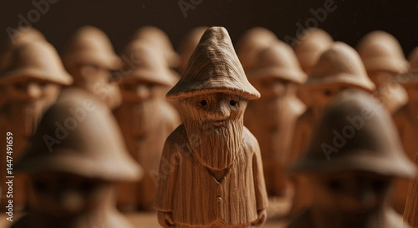Fototapeta "Wooden Contemplative Figure Standing Apart from Identical Crowd, Philosophical Concept of Existential Solitude, Hand-Carved Art Depiction of Being Different, Introspective Wooden Character in Warm To