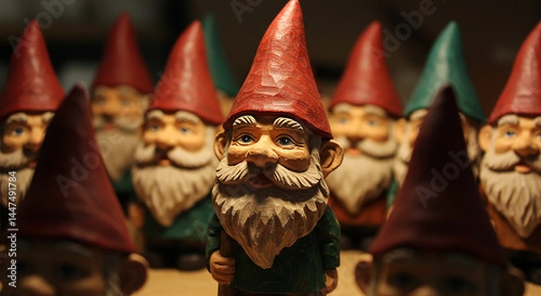 Fototapeta Group of Garden Gnomes with Red and Green Hats, Whimsical Figurines with White Beards in Festive Garden Setting