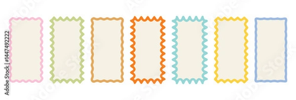 Obraz Wavy frame border set. Retro scallop shape line picture frames. Vector cartoon wave rectangles. Kid graphic wiggly backgrounds. Fun colorful vertical groovy 60s squiggly zigzag text frame. eps file