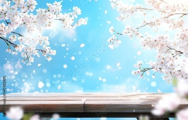 Obraz Wooden table with cherry blossoms