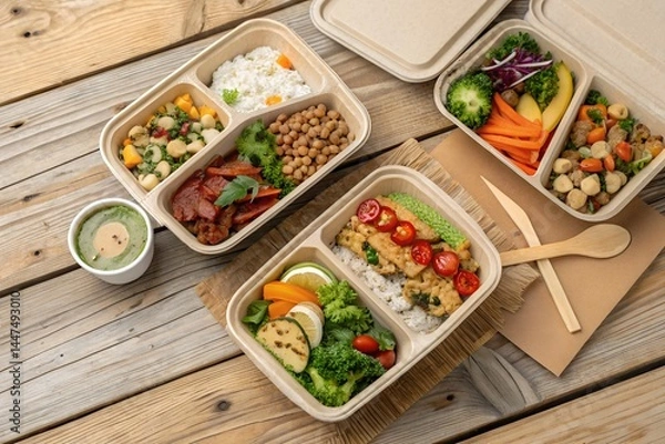 Fototapeta Flat Lay of Eco Friendly Takeaway Containers with Assorted Healthy Meals on Rustic Wood Table
