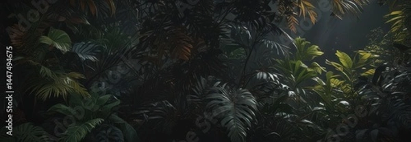 Fototapeta Intricate dark foliage, vibrant jungle leaves, shadows , leaf pattern, olive