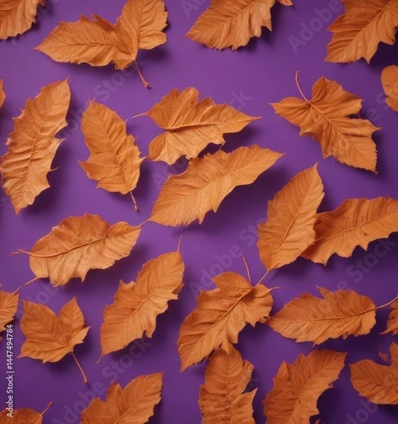 Fototapeta Intricate dry orange leaf pattern on violet backdrop, texture, metallic