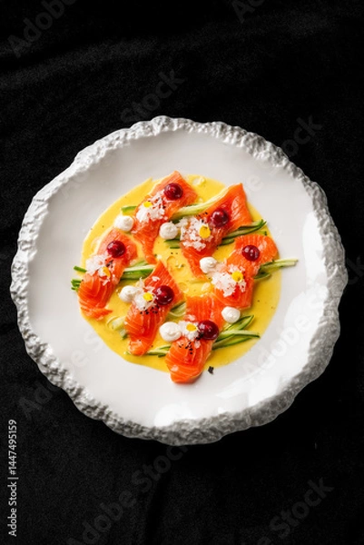 Fototapeta Vibrant dish featuring thinly sliced salmon atop a bed of vegetables, adorned with cream and garnishes, elegantly presented on a textured white plate, perfect for fine dining and gourmet showcases.