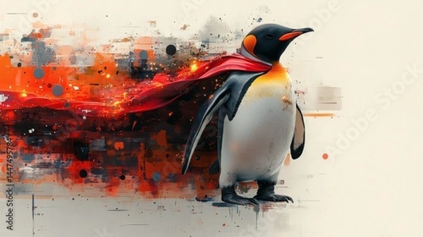 Obraz Emperor penguin wearing a flowing red cape, creating a striking superhero appearance, with paint splashes effect on a transparent background, PNG image, PNG file.