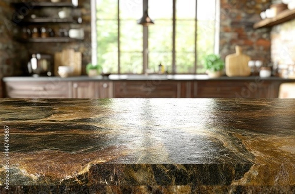 Fototapeta Kitchen counter top view, marbled surface