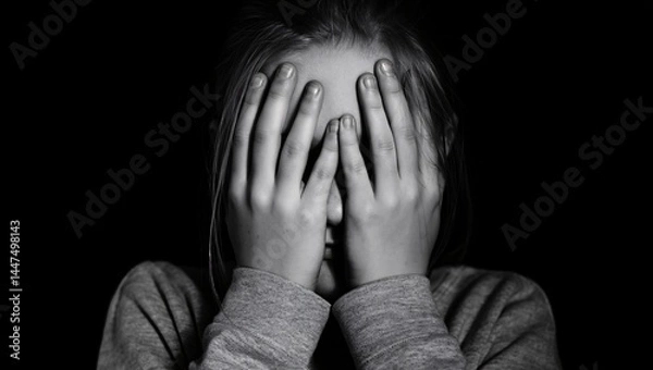 Fototapeta Black and white image of a person with hands covering their face, expression of distress.