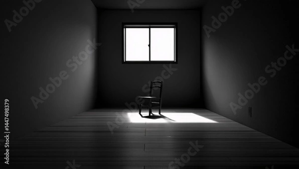 Fototapeta Monochromatic room with a solitary chair bathed in sunlight streaming through a window. Minimalist design.