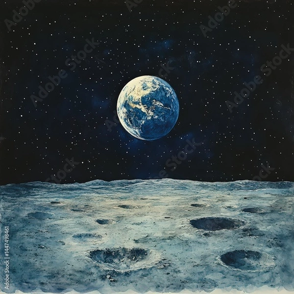 Fototapeta Earth Over Moon Surface with Starry Background in Dark Space