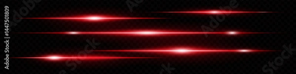 Fototapeta Set of horizontal red neon lens flares isolated on transparent dark background. Abstract futuristic glowing light beams, ideal for UI design, banners, special effects. EPS vector illustration.
