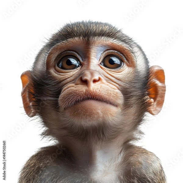Fototapeta Curious baby monkey jungle habitat animal portrait close-up playful. Isolated on transparent background, png.